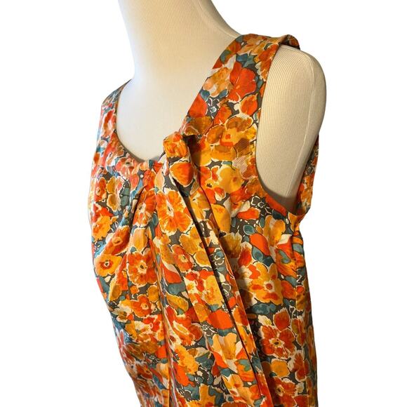 J Crew Womens Sz 0 Orange‎ Floral Wrap Front Tie Neck Silk Sleeveless Blouse - Picture 4 of 11